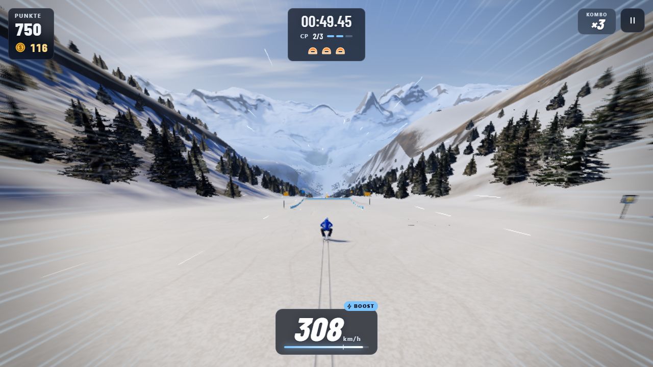 Skifahrer im Spiel Alpine Rush fährt mit 308 km/h talwärts, vor ihm der Gipfel des Matterhorns