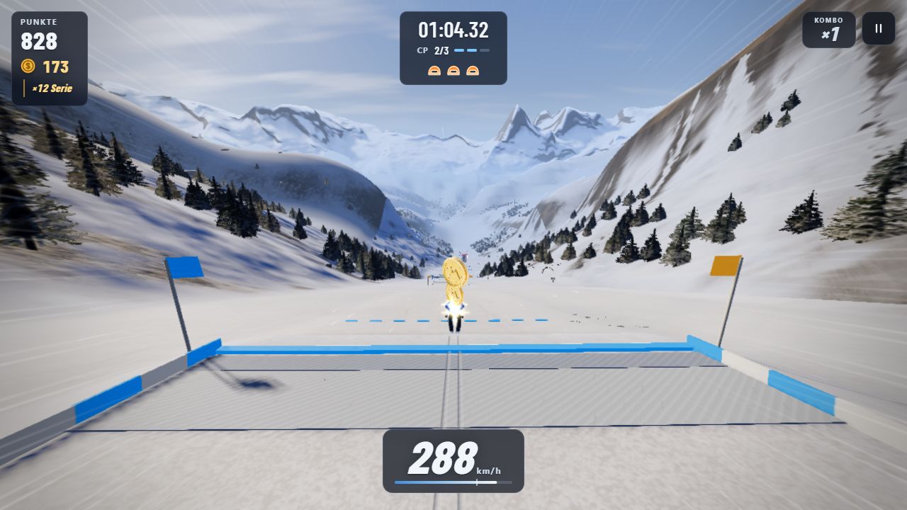 Skifahrer fährt in Alpine Rush auf einen Kicker zu, dahinter das Bergpanorama mit Matterhorn