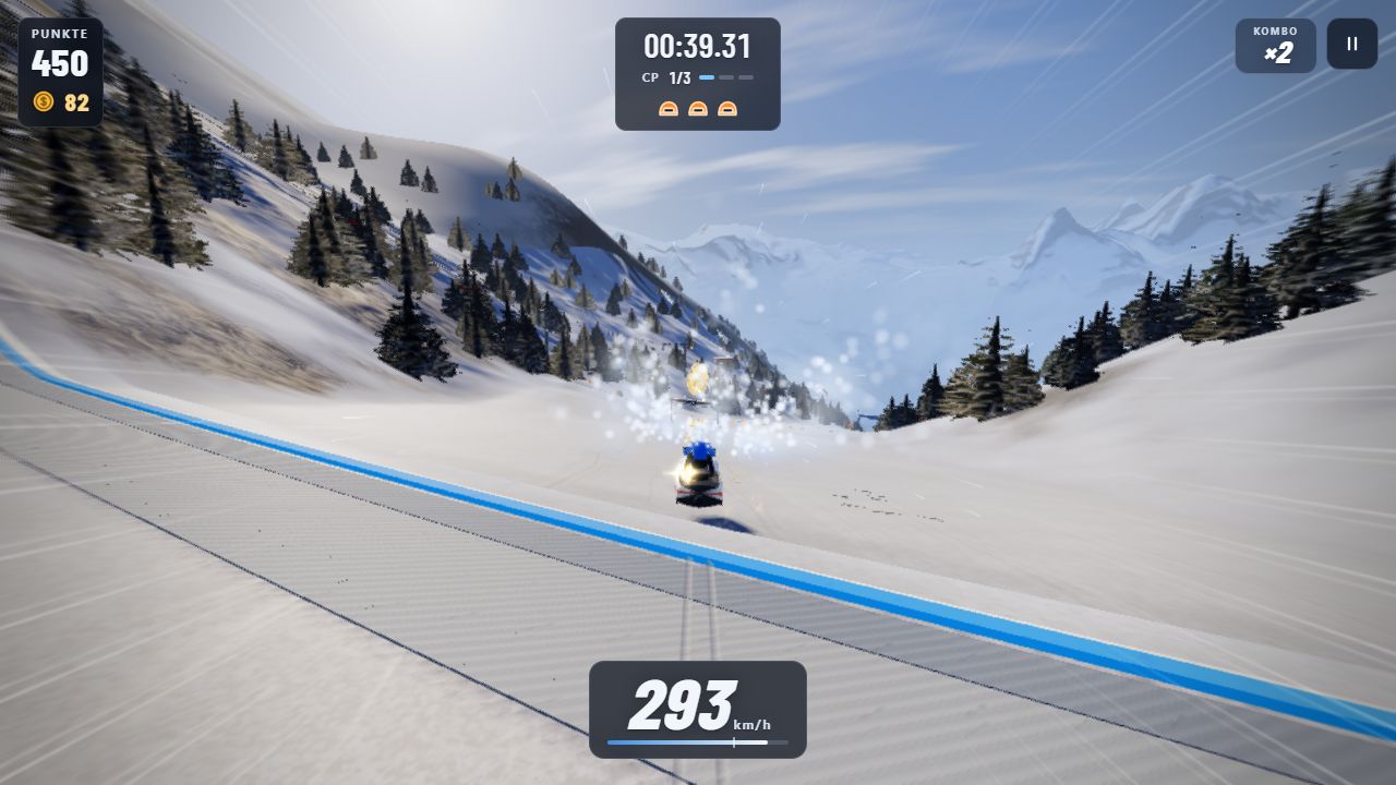 Schnee-Jetski in Alpine Rush auf der Abfahrt mit 293 km/h, Schneegischt spritzt auf