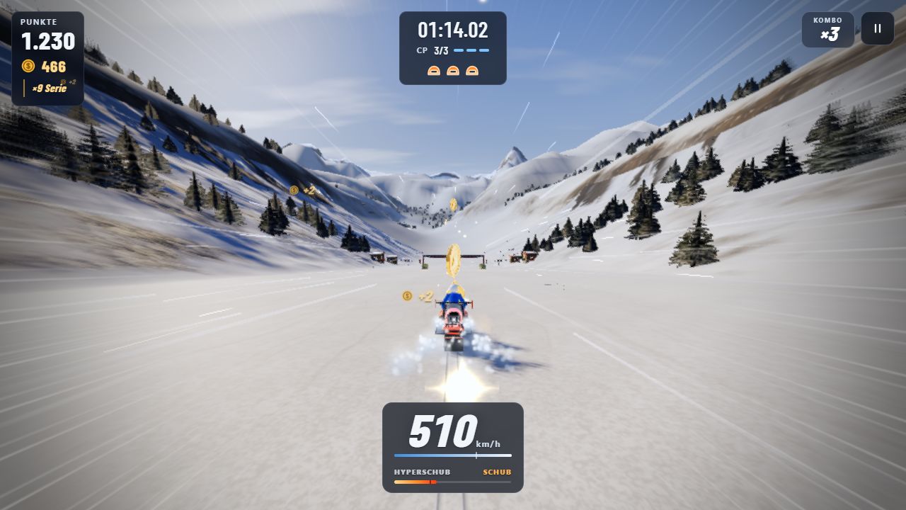 Schneemobil im Spiel Alpine Rush mit gezündeter Düse und 510 km/h auf dem Tacho, vor einem Alpental