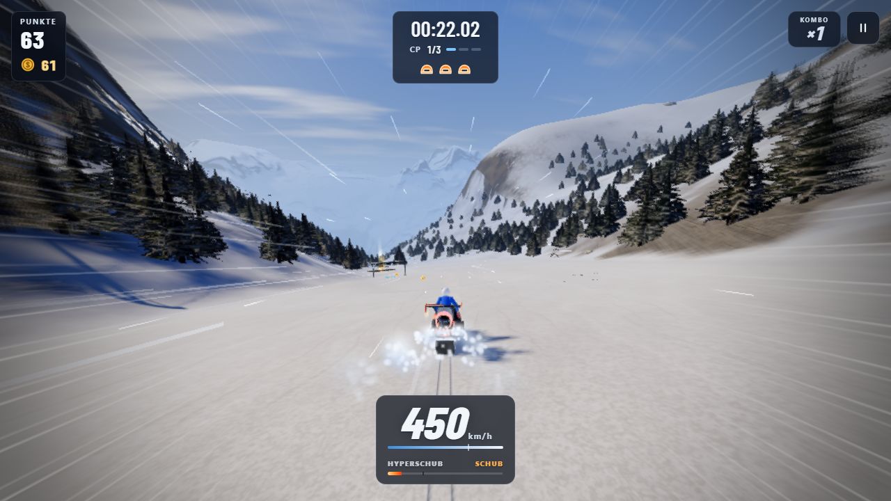 Schneemobil in Alpine Rush bei 450 km/h mit Anzeige Hyperschub, Schnee stiebt hinter dem Fahrzeug auf