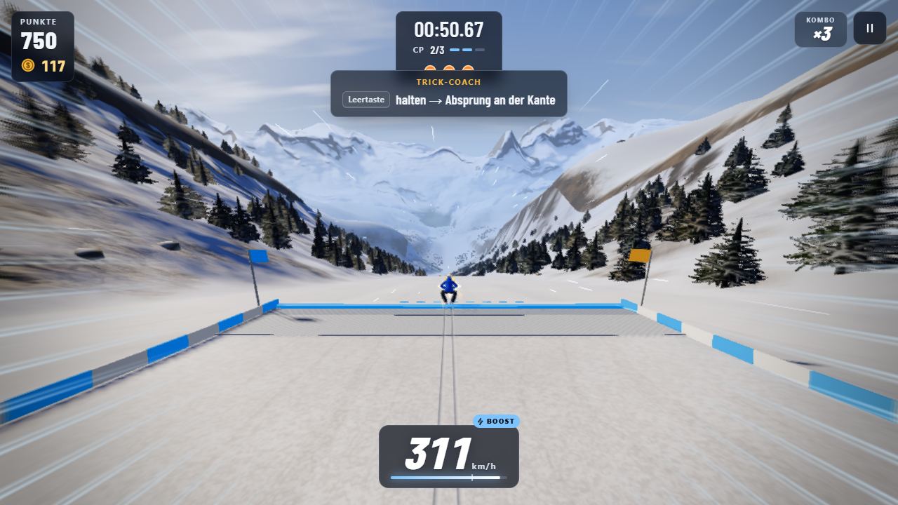Skispiel Alpine Rush: Fahrer rast mit 311 km/h auf eine Sprungschanze zu, im Hintergrund die Alpen