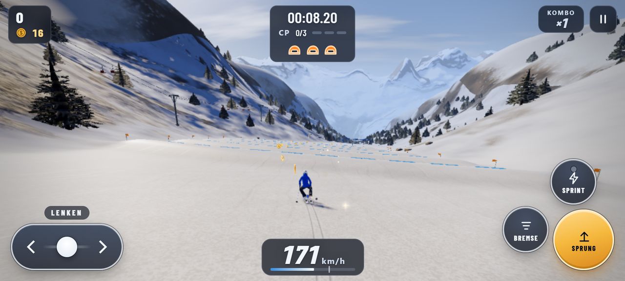 Alpine Rush am Handy im Querformat mit Lenkfläche links und Knöpfen rechts