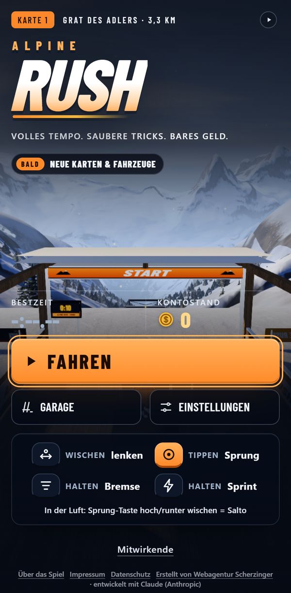 Startbildschirm von Alpine Rush am Handy im Hochformat mit Knöpfen für Fahren und Garage