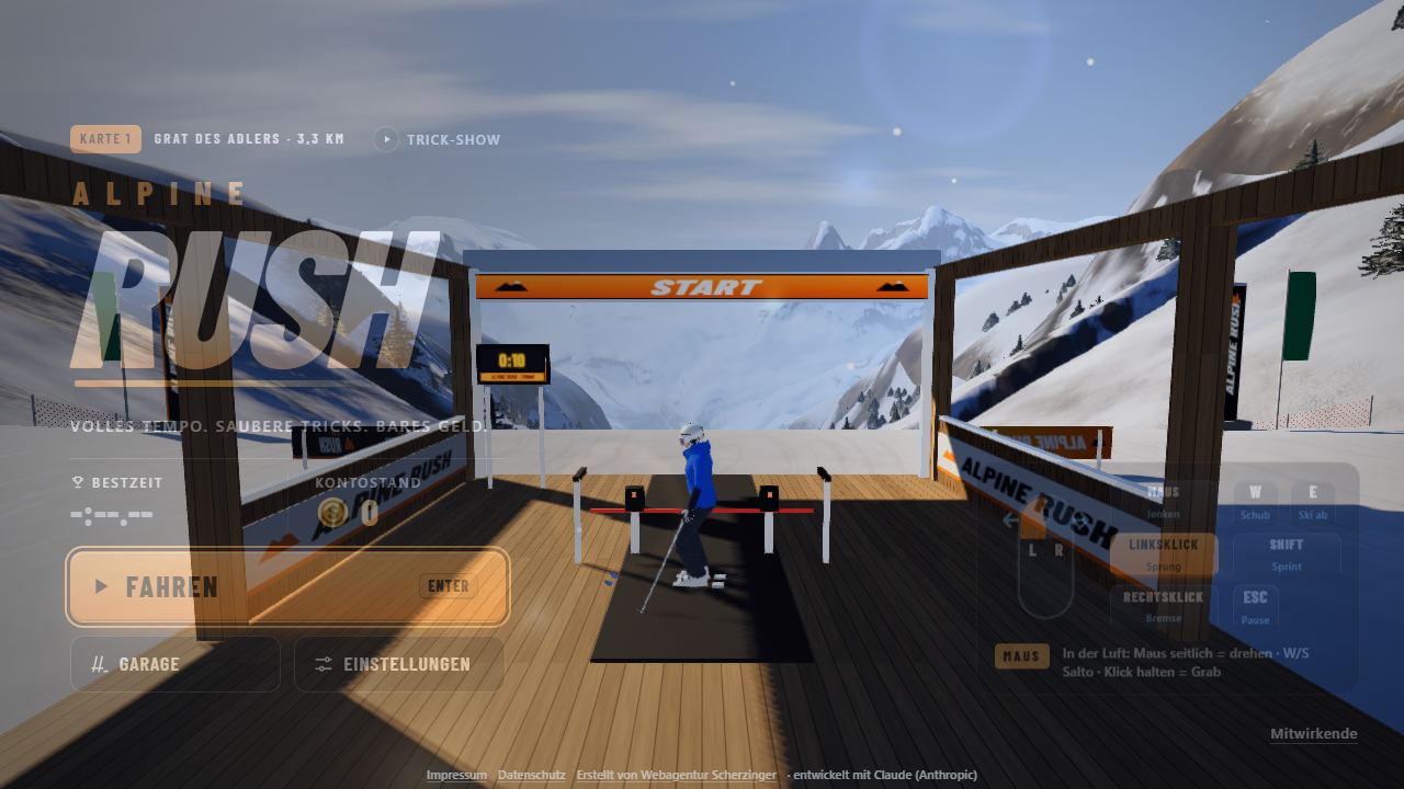 Startbildschirm von Alpine Rush mit Starthaus, Knöpfen für Fahren, Garage und Einstellungen sowie Steuerungshilfe