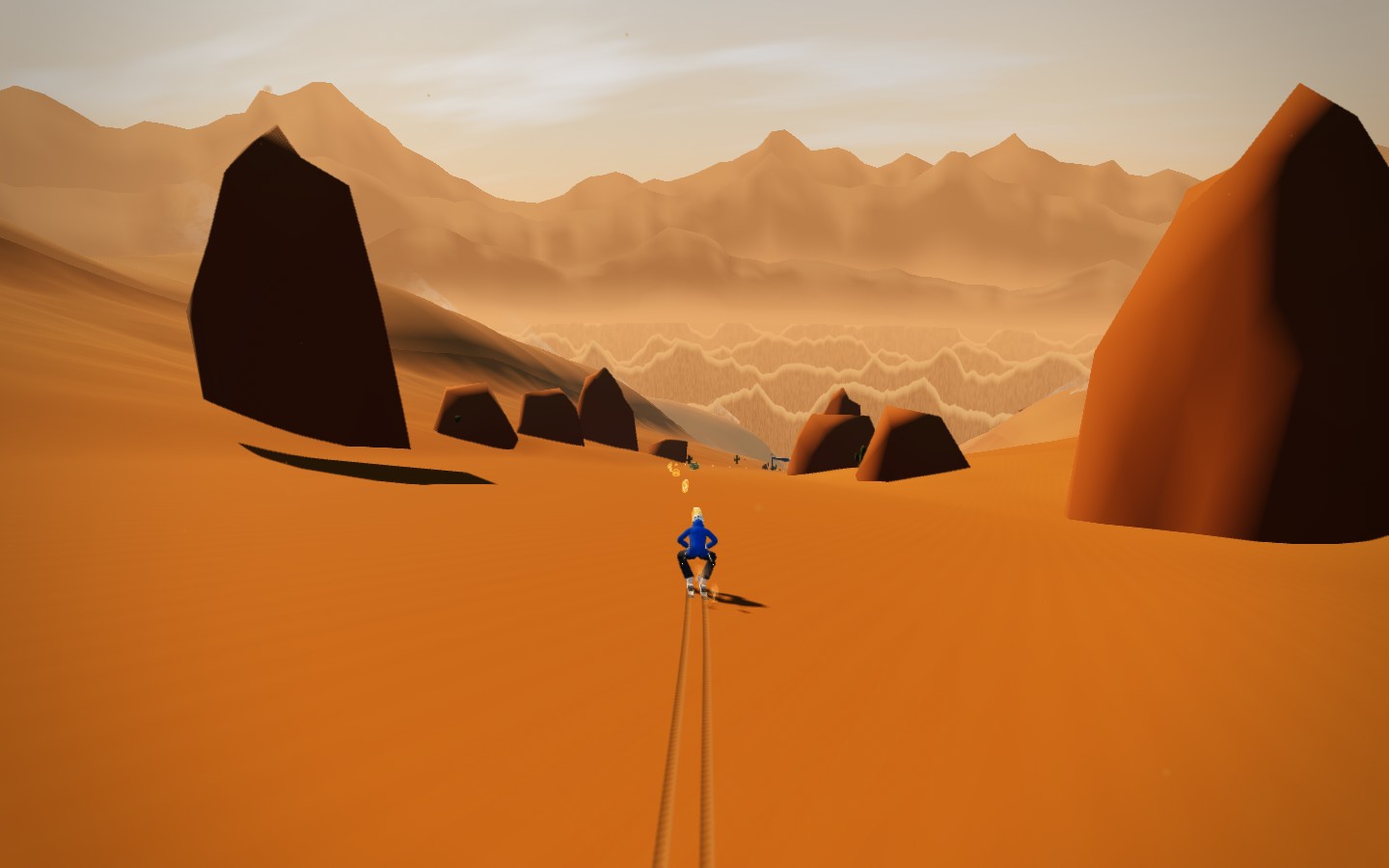 Sandboard-Abfahrt zwischen Sanddünen und Felsen in Alpine Rush